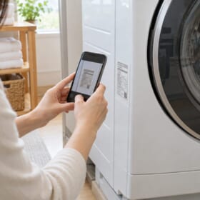 家電の型番ラベルをスマートフォンで撮影するイメージ